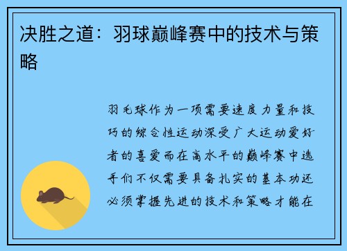 决胜之道：羽球巅峰赛中的技术与策略